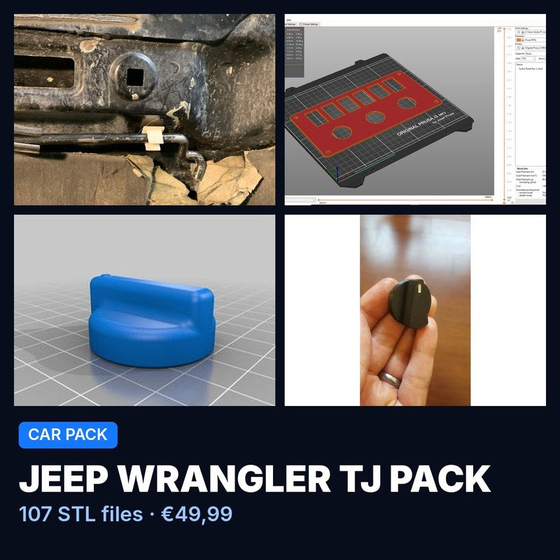 Jeep Wrangler TJ 3D printed parts pack: STL files for knobs, clips, switch panels and mounts